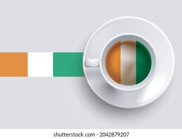 Ivory Coast flag with coffee on top view, vector illustration. 

