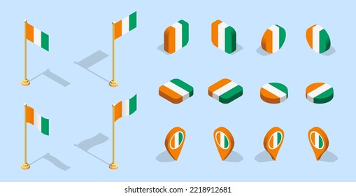 Ivory coast flag (Côte d'Ivoire). 3D isometric flag set icon. Editable vector for banner, poster, presentation, infographic, website, apps, maps, and other uses.