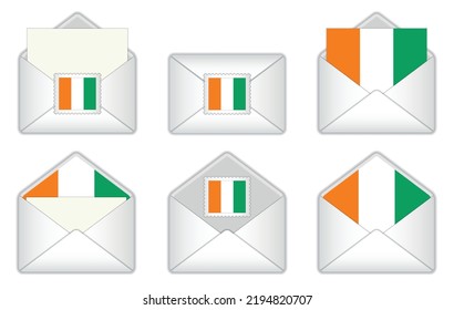 Ivory Coast flag in the envelope. Ivorian stamp flag. Opened, closed  Ivorian letter, isolated on white background.