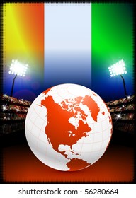 Ivory Coast Flag with Globe on Stadium Background Original Illustration