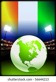 Ivory Coast Flag with Globe on Stadium Background Original Illustration