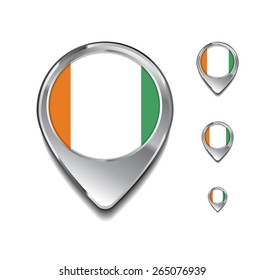 Ivory Coast flag map pointer. 3d Map Pointer with flag glossy button style on gray background