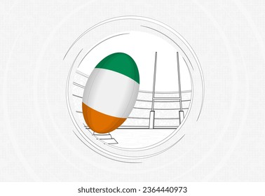 Ivory Coast flag on rugby ball, lined circle rugby icon with ball in a crowded stadium. Vector sport emblem on abstract background.