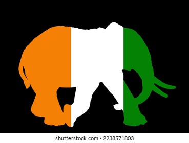 Ivory Coast flag over elephant male national animal symbol vector silhouette illustration isolated. National Cote D Ivoire emblem country, Africa. Patriotic souvenir banner invite travel and tourism