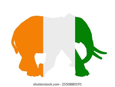 Ivory Coast flag over elephant male national animal symbol vector silhouette illustration isolated. National Cote D Ivoire emblem country, Africa. Patriotic souvenir banner invite travel and tourism