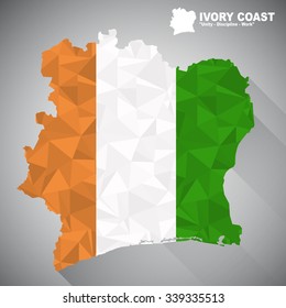 Ivory Coast flag overlay on Ivory Coast map with polygonal and long tail shadow style (EPS10 art vector)