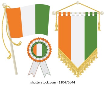 ivory coast flag, rosette and pennant, isolated on white