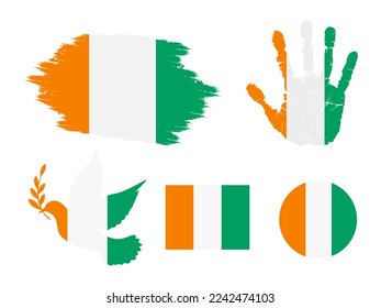 Bandera de Costa de Marfil puesta, bandera de la colección de Costa de Marfil. Bandera en forma de grunge, Dove, Handprint, cuadrado y redondo. ilustración vectorial