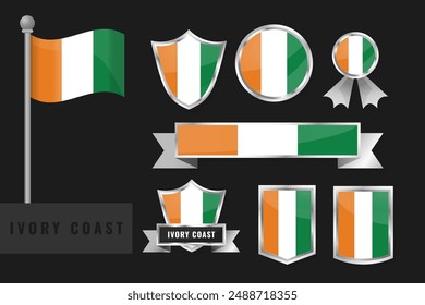 Ivory Coast flag set. Collection of Ivory Coast national emblems. Flat design of flags collection