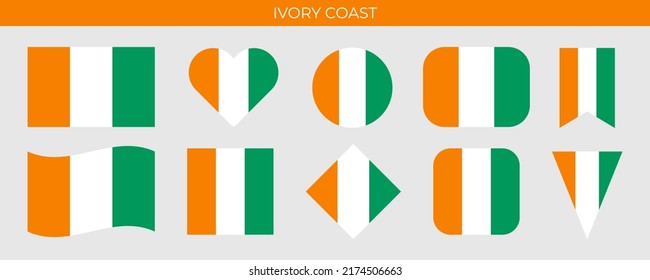 Ivory Coast flag set. Cote d'Ivoire flag. Vector illustration isolatedon white background