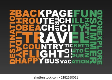 Ivory Coast flag shape of travel keywords, travel concept, abroad vacation idea, simple flat design, Ivory Coast flag mask on holiday words, tourism banner