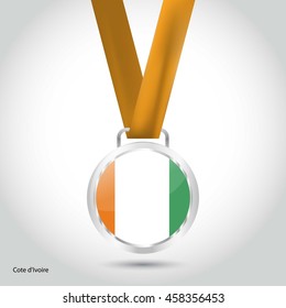 Ivory Coast Flag in silver Medal. Vector Illustration. RIO Olympic Game silver Medal. Vector Illustration