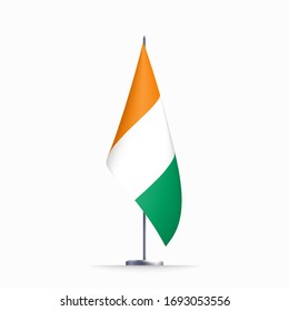 Ivory Coast flag state symbol isolated on background national banner. Greeting card National Independence Day of the Republic of Côte d'Ivoire. Illustration banner with realistic state flag.