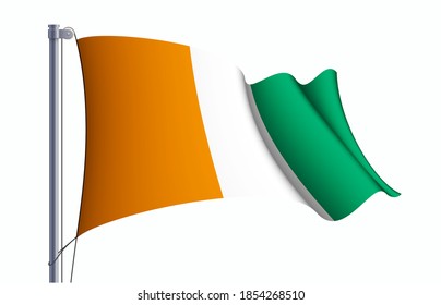 Ivory Coast flag state symbol isolated on background national banner. Greeting card National Independence Day of the Republic of Côte d'Ivoire. Illustration banner with realistic state flag.