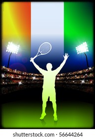 Ivory Coast Flag and Tennis Player on Stadium Background Original Illustration