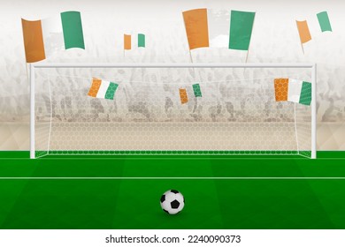 Ivory Coast football team fans with flags of Ivory Coast cheering on stadium, penalty kick concept in a soccer match. Sports vector illustration.