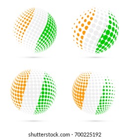 Ivory Coast halftone flag set patriotic vector design. 3D halftone sphere in Ivory Coast national flag colors isolated on white background.