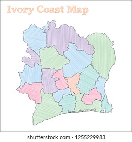 Ivory Coast hand-drawn map. Colourful sketchy country outline. Delicate Ivory Coast map with provinces. Vector illustration.