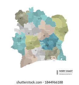 Ivory Coast high detailed map with subdivisions. Administrative map of Ivory Coast with districts and cities name, colored by states and administrative districts. Vector illustration 