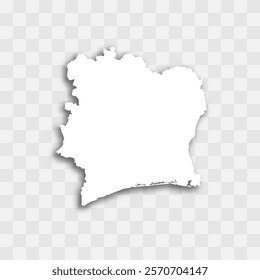 Ivory Coast high detailed vector representation of country silhouette. White color on transparent background with dropped shadow. For educational, decorative, or informational use.