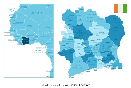 Costa de Marfil - mapa azul altamente detallado. Ilustración del vector