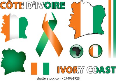 Ivory Coast Icons. Set of vector graphic images and symbols representing Ivory Coast. The text says 'Ivory Coast' in French.