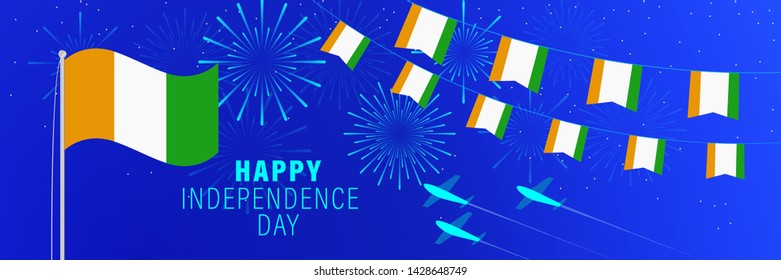 August 7 Ivory Coast Independence Day greeting card. Celebration background with fireworks, flags, flagpole and text.
