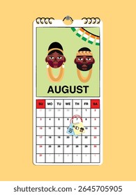 Ivory Coast Independence Day reminder on August 7th in a wall calendar with illustrative people wearing the nation's traditional attire.