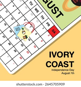 Ivory Coast Independence Day reminder on August 7th in a wall calendar with illustrative people wearing the nation's traditional attire.