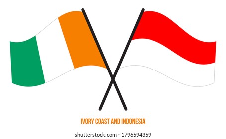 Ivory Coast and Indonesia Flags Crossed And Waving Flat Style. Official Proportion. Correct Colors
