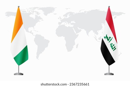 Ivory Coast and Iraq flags for official meeting against background of world map.