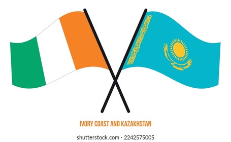 Ivory Coast and Kazakhstan Flags Crossed And Waving Flat Style. Official Proportion. Correct Colors.