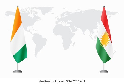 Ivory Coast and Kurdistan flags for official meeting against background of world map.
