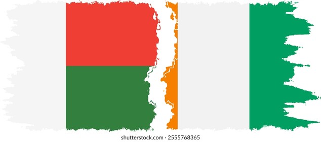 Ivory Coast and Madagascar grunge flags connection, vector