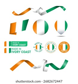 Ivory Coast made in logo. Set of design flags label icon, stripes, ribbons