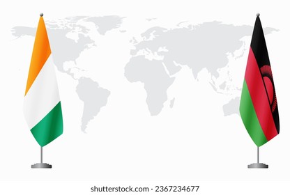 Ivory Coast and Malawi flags for official meeting against background of world map.