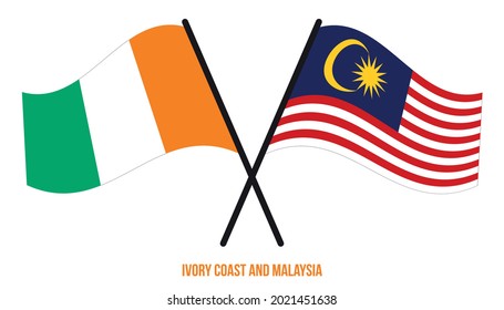 Ivory Coast and Malaysia Flags Crossed And Waving Flat Style. Official Proportion. Correct Colors.