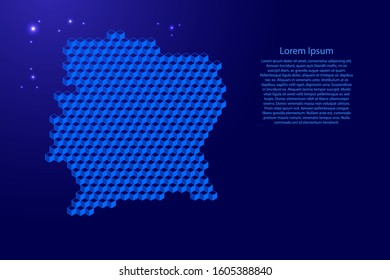 Ivory Coast map from 3D classic blue color cubes isometric abstract concept, square pattern, angular geometric shape, glowing stars. Vector illustration.