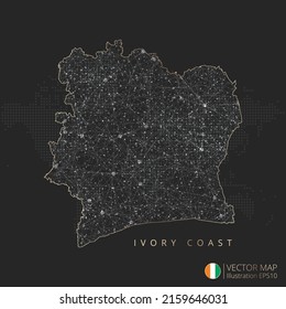 Ivory Coast map abstract geometric mesh polygonal light concept with black and white glowing contour lines countries and dots on dark background. Vector illustration.