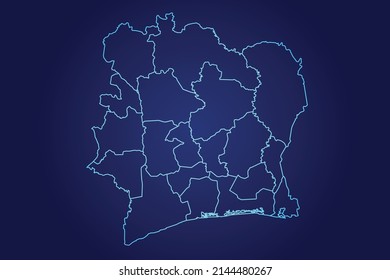 Mapa de Costa de Marfil de resumen Mapa azul brillante detallado en fondo oscuro ilustración del logo	