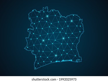 Mapa de Costa de Marfil Resumen de la línea de purga y las escalas de puntos sobre fondo oscuro. Línea de red poligonal de malla 3D del marco de cables. Línea de red, esfera de diseño, punto y vector de estructura.