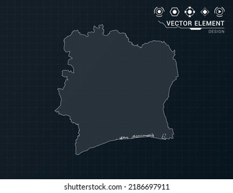 Mapa de Costa de Marfil del marco digital negro HUD, GUI, interfaz de interfaz de usuario vector de radar.