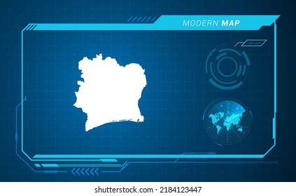 Ivory Coast map of blue digital frame HUD, GUI, UI interface technology radar vector.