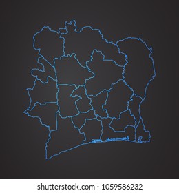 Ivory Coast map: blue glitter outline with sparkling stars on dark background. Detailed map of Ivory Coast. Vector illustration.