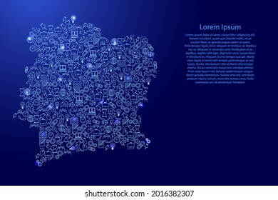 Ivory Coast map from blue and glowing stars icons pattern set of SEO analysis concept or development, business. Vector illustration.