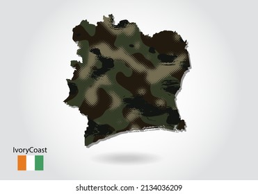 Ivory Coast Map With Camouflage Pattern, Forest - Green Texture In Map. Military Concept For Army, Soldier And War. Coat Of Arms, Flag.