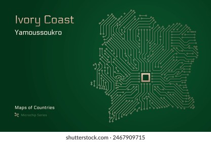 Costa de Marfil Mapa con la capital de Yamoussoukro Mostrado en un Microchip Patrón con procesador. Gobierno electrónico. Mapas de Vector de Países Mundiales. Serie de microchips	
