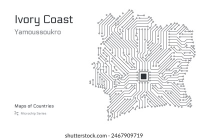 Ivory Coast Map with a capital of Yamoussoukro Shown in a Microchip Pattern with processor. E-government. World Countries vector maps. Microchip Series	
