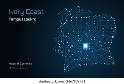 Ivory Coast Map with a capital of Yamoussoukro Shown in a Microchip Pattern with processor. E-government. World Countries vector maps. Microchip Series	
