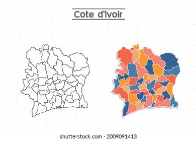 Ivory Coast map city vector divided by colorful outline simplicity style. Have 2 versions, black thin line version and colorful version. Both map were on the white background.
